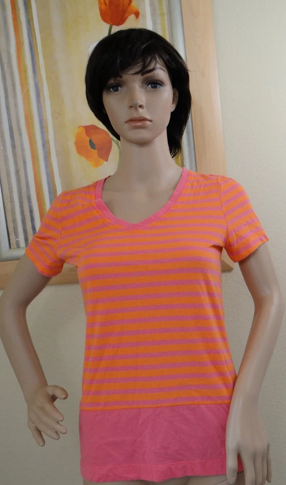 全新无标签 NAUTICA 短袖橙色/粉色条纹睡衣衬衫,尺寸 XS — 第 1/1 张图片