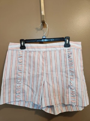 Pantalones Cortos Para Mujer Ann Taylor LOFT Talla 10 Volantes Frontales Cremallera Lateral Azul Coral Rayas Foto 1 de 4