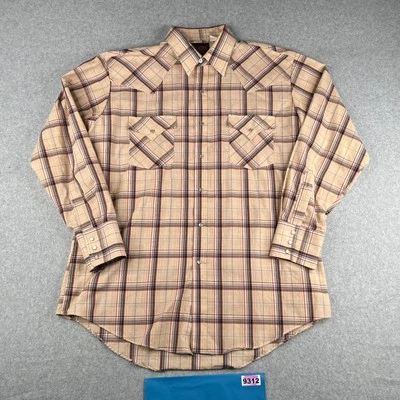 Plains Western Wear Shirt Large Beige Plaid Casual Snap Up Long Sleeve Mens - Image 1 of 4