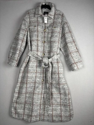 Abrigo Express Mujer XL Gris Mezcla Lana Cinturón Cuadros Largo Botón Frontal Chamarra Foto 1 de 4