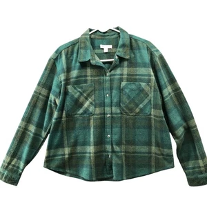 Beach Lunch Lounge Cropped Flannel Shirt Womens L Forest Green Plaid Soft - Picture 1 of 8