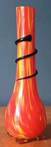 Czech Boho Art Deco Kralik Orange Yellow Spatter Glass Vase Cobalt Blue Trail - Picture 1 of 15