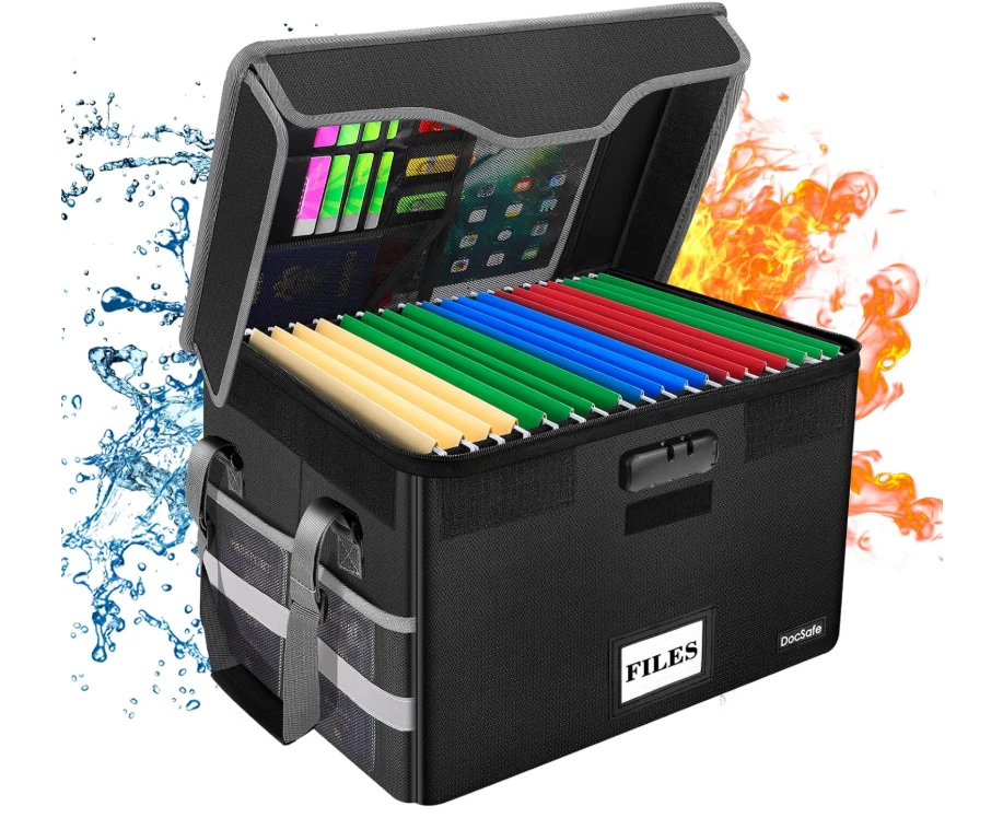 DOCSAFE Fireproof Document Box with Lock File Storage Organizer Mesh Pockets Collapsible