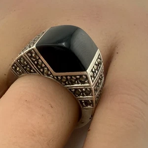 Vintage 925 Sterling Silber schwarzer Onyx Markasit Kuppelring Größe 6,75 (9 g) - Bild 1 von 6