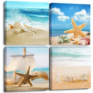 – Coastal Wall Art 4 Panel Seascape Giclee Canvas Prints Seashell Starfish on... - Picture 1 of 6