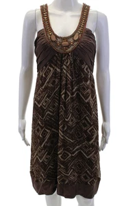 BCBG Max Azria Womens Silk Printed Beaded Halter Neck Dress Brown Red Size 8 - Picture 1 of 7