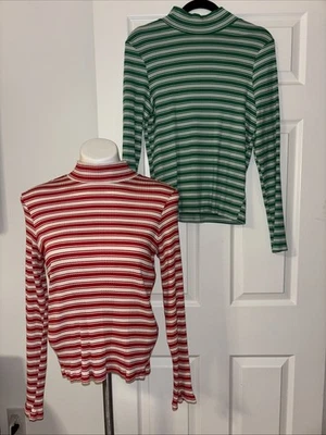 Victoria’s Secret ROSA Rayas Acanaladas Imitación Cuello Alto Tops Lote de 2 Talla XL Foto 1 de 4