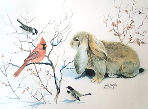 Jean Haefele Signed Rabbit Birds Winter Scene Watercolor Print Framed Limited Ed - Picture 1 of 11