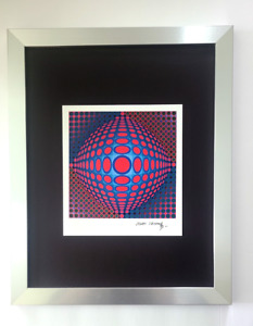 VICTOR VASARELY + SIGNED GEOMETRIC ABSTRACT PRINT FROM 1970 + NEW FRAME 14x11in.
