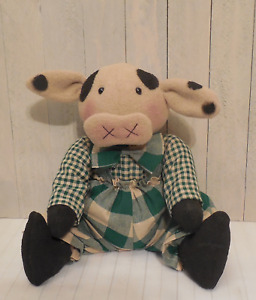 PRIMITIVE HANDMADE COW Doll in Green/Check Homespun Shelf sitter Folk Art