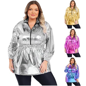Damen Kleid Metallic A-Linie Stehkragen Übergröße Langarm Shirtkleid - Bild 1 von 46