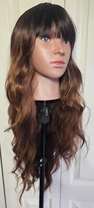 26" Long Wavy Synthetic Wig Bangs Ombre Brown Highlights Daily Cosplay Costume - Picture 1 of 7