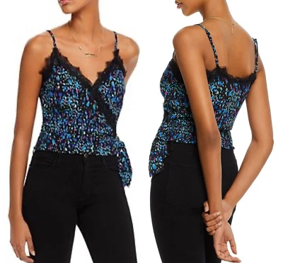 NUEVO CON ETIQUETAS Aqua Multicolor Negro Encaje Corbata Lateral Corbata Cami Top Talla Mediana $58 Foto 1 de 4