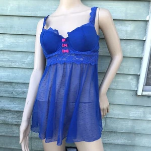 Jezebel Lingerie Top Dress Blue Mesh Lace Bow Bustier Babydoll Coquette Fairy L - Picture 1 of 9