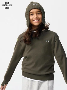 UNIQLO X ANYA HINDMARCH KIDS 100% Merino Crew Neck Jumper 👀 Olive - 11-12 Years - Picture 1 of 5