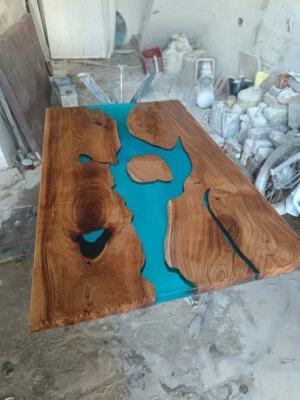 Blue Epoxy Resin Dining Table Acacia Wood Live Edge Countertop Kitchen Slab Deco - Image 1 of 4