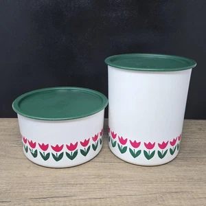 Tupperware Tulpen Vintage weiß Kunststoff Kanister Glas grüner Deckel rosa Blumen - Bild 1 von 14