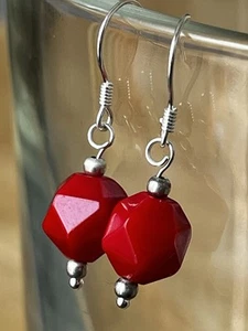 925 Sterling Silver 10mm Faceted Natural Red Jade Gemstone Earrings 30mm,2g uniq - Picture 1 of 3