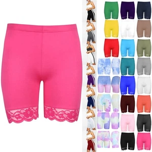 Womens Gym Cycle Pants Ladies Workout Bike Tight Scallop Lace Hem Trim Shorts - Picture 1 of 35