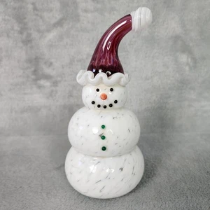 Kunst Glas Schneemann Figur Briefbeschwerer lila Nikolausmütze Weihnachten Winter 6" +/- - Bild 1 von 11