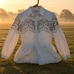 PINKO XS White Cutout Floral Button Up Cotton Shirt Crisp Poplin - Picture 1 of 11