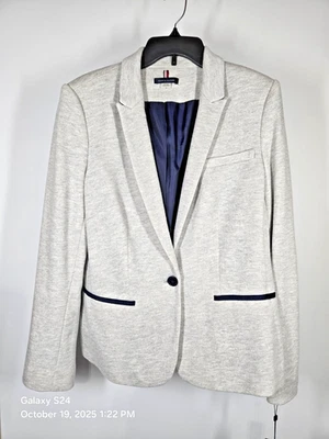Tommy Hilfiger Blazer Gris Traje Chaqueta Vestido 1 Botón Parche Codo Mujer 14 NUEVO Foto 1 de 4