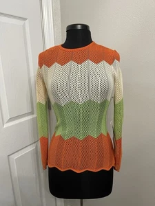 Vintage Chateau Du Tricot Mod Knit Mesh Top 70s Color Block Orange Green Cream 7 - Picture 1 of 11