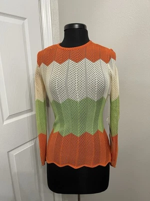 Top de malla tejida vintage Chateau Du Tricot Mod años 70 bloque de color naranja verde crema 7 Foto 1 de 4