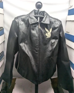 Vintage Playboy White Bunny black leather Jacket wxl - Picture 1 of 12