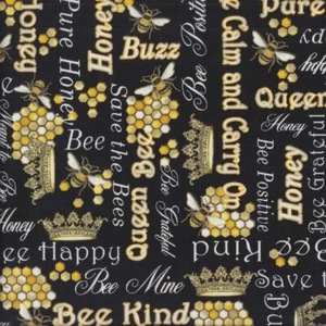 Bee Words Honeycomb on Black with Metallic Gold Buzzworthy Quilting Fabric 1/2 M - Picture 1 of 1