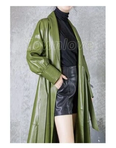 Spring Autumn Extra Long Soft Leather Trench Coat Women Shawl Collar Belt - Picture 1 of 14