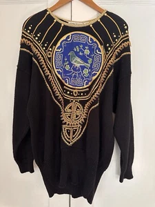 Vintage Bonnie Boerer & Co PULLOVER verziert 1980er Größe Medium M blau Vogel gebraucht, in einwandfreiem Zustand - Bild 1 von 7