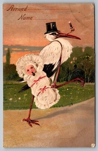 AK PBF Storch Baby Ankündigung Rauchen Pfeife Wiege Fantasy - Bild 1 von 2