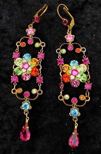 Michal Negrin Long Earrings w/ Multicolor Pink Crystals Floral Dangle Chandelier