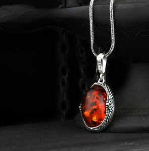 Turkish Handmade Gift For Him  Amber Stone 925 Sterling Silver Mens Necklace
