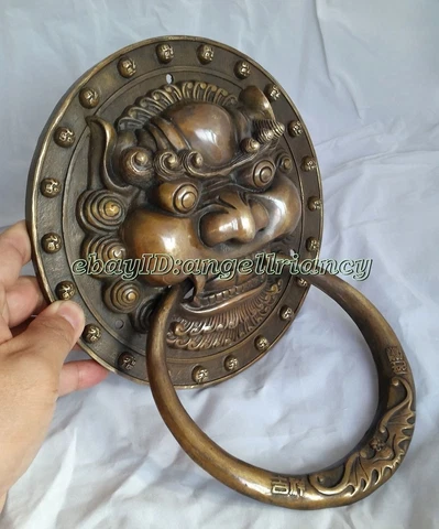 Authentic Fengshui Brass Lion Fu Foo Dogs Head Mask Statue Door knocker 11"x8.3" Cover