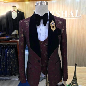 Men's Gilded Jacquard Suits 3 Pieces Slim Fit Single Breasted Groom Wedding Suit - Picture 1 of 13