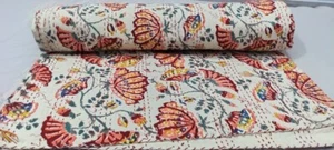 Indische Hand Blumendruck Queen Size Baumwolle Kantha Quilt Überwurf Decke Tagesdecke - Bild 1 von 5