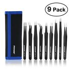 PIXNOR 9pcs Premium Anti-static ESD Stainless Steel Tweezers Set with Case for
