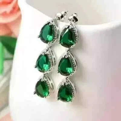 3Ct Pear Lab Created Emerald Women's Drop Dangle Earring 14k White Gold Plated - Image 1 of 4