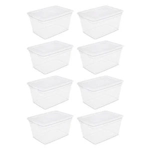 58 Quart Storage Box Plastic Container Organizer Stackable Bin Lid Clear 8 Pack - Picture 1 of 6