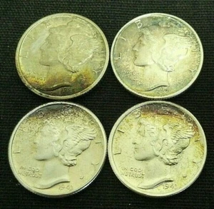 (4) BU MERCURY SILVER DIMES WITH PRETTY TONING 1939-D,1941,1943,& 1943-S  (9183) - Picture 1 of 2