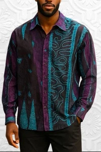 Men's Vintage Silk Shirt Batik Print 1990s Dandy Elvis Rockabilly Blue Purple XL - Picture 1 of 7