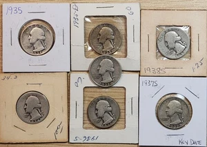 Lot of 7 ~ 90% Silver Washington Quarters  1934 - 1938 With Mixed Mints. Q-7x - Picture 1 of 6