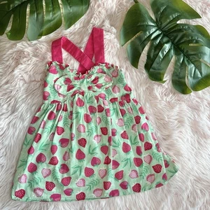 Ricrac & Ruffles Hot Pink Green Strawberry Ruffle Bow Adjustable Strap Tunic 4T  - Picture 1 of 9