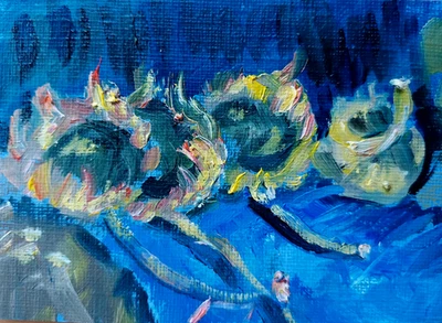 ACEO ORIGINAL oil painting - Four Sunflowers Vincent Van Gogh 2.5x3.5 in MK - Image 1 of 3