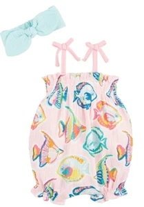 Mud Pie Baby Girl Rainbow Fish One Piece Romper & Headband Size 6-9 M NEW - Picture 1 of 1