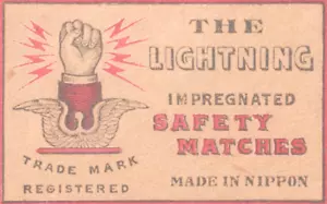 C1920s THE LIGHTNING Safety Matchbox Label Fist Pump Vintage Nippon Japan - Bild 1 von 3