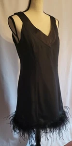 ☆Vintage 90s☆ Black Feather Trim Sleeveless Cocktail Dress V-Neck M Target Brand - Picture 1 of 9