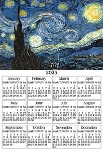 STARRY NIGHT ART PAINTING MOON VAN GOGH DESK LOCKER FRIDGE 2025 CALENDAR MAGNET - Picture 1 of 1